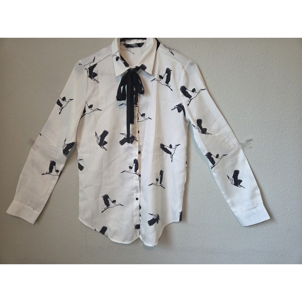 White Bird Print Bow Tie Neck Collared Long Sleeve Button-Up Blouse M - Picture 2 of 10